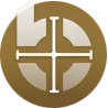 Brown circular logo with cross symbol design.