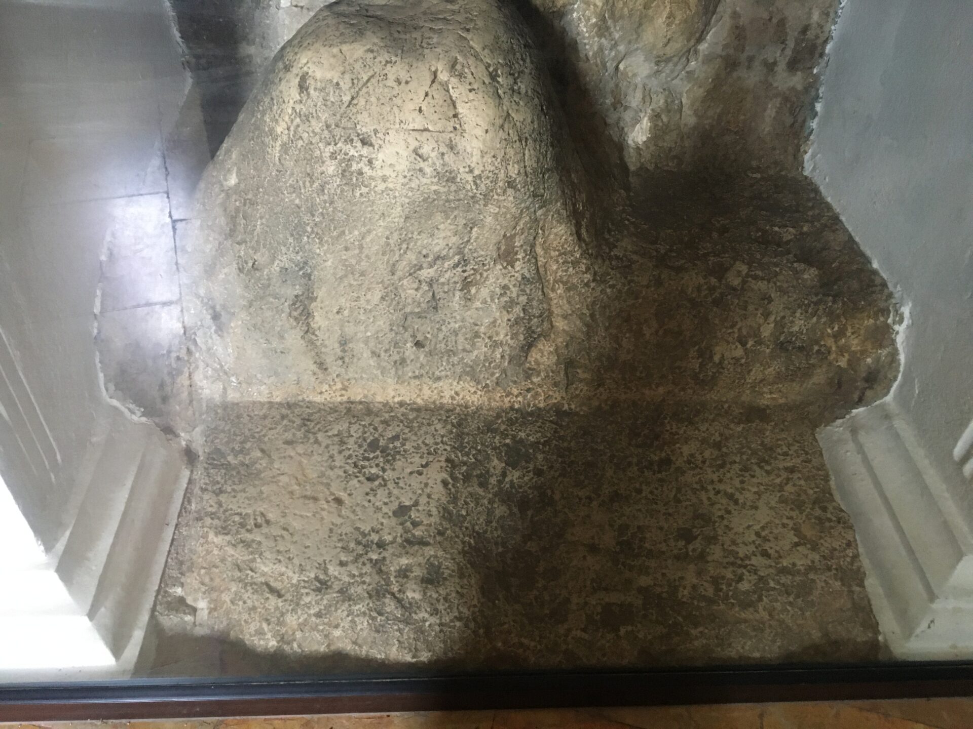 Rock formation displayed under protective glass case.