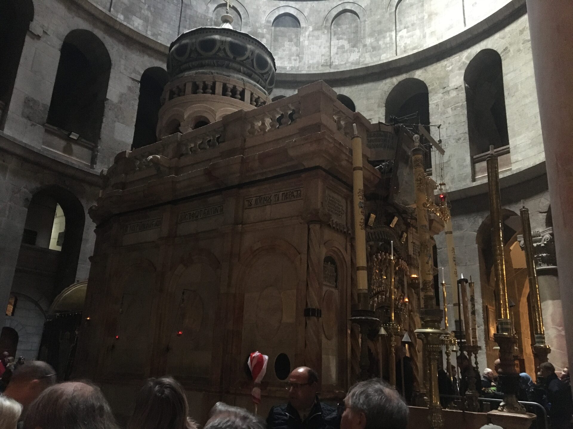 Stone structure inside a historical religious building.