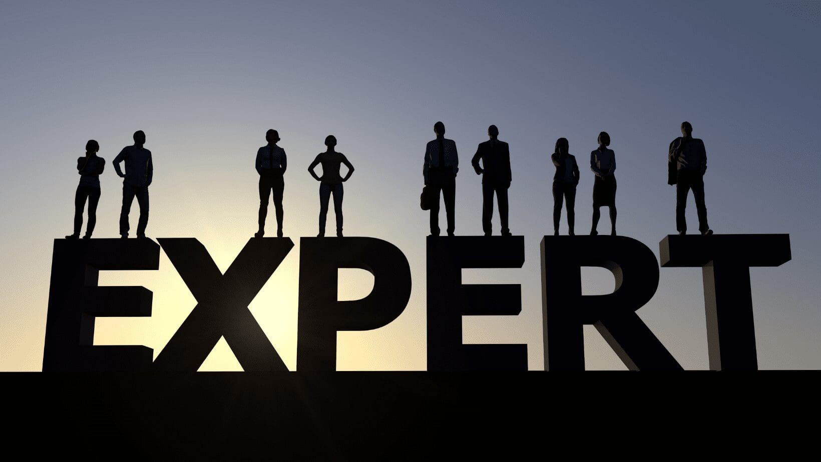 Silhouettes standing on large "EXPERT" letters.