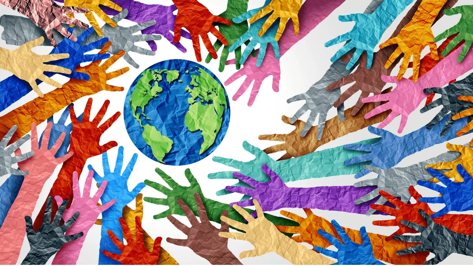 Colorful hands reaching towards Earth illustration.