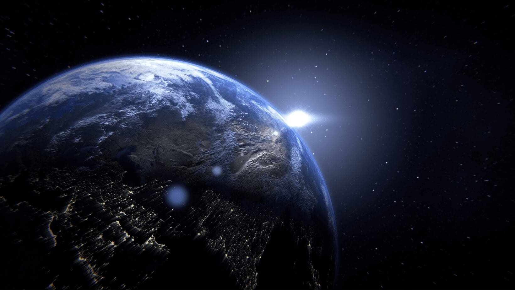 Earth from space with bright sunlight.