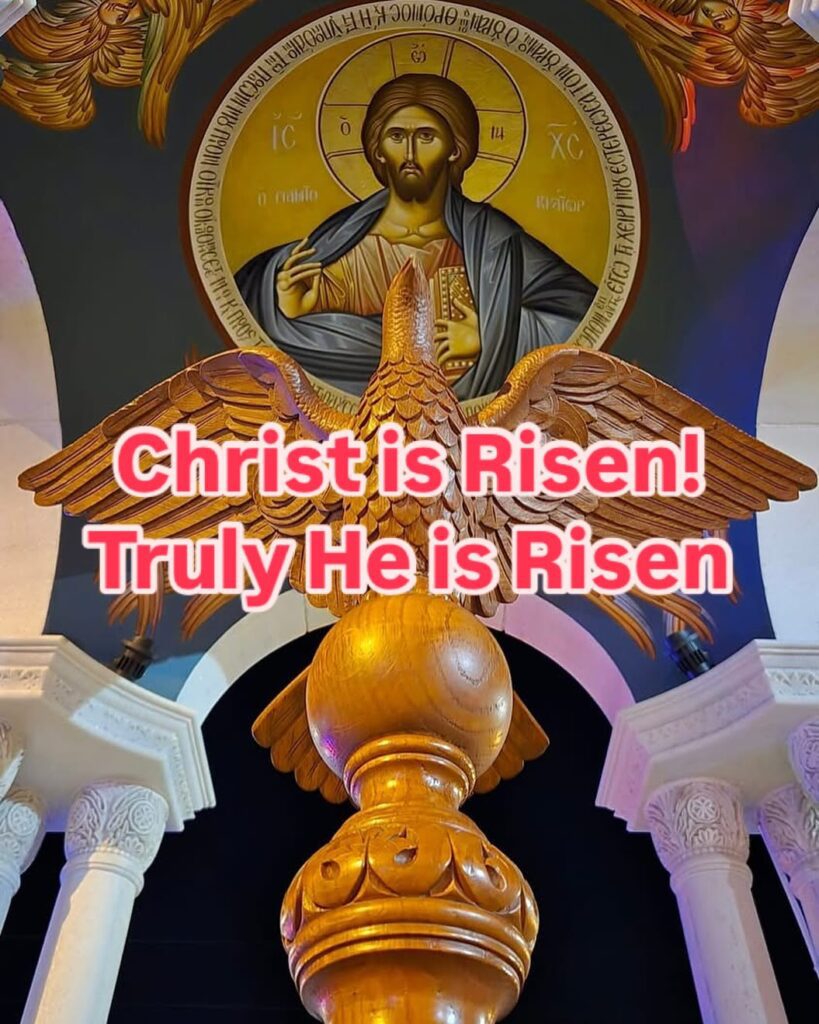 Religious icon with "Christ is Risen" text.