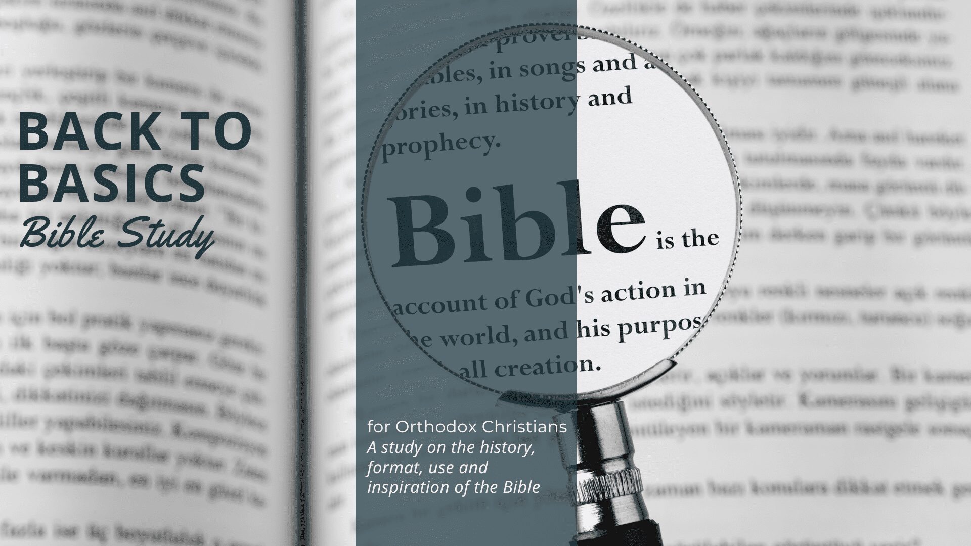 Bible study book with magnifying glass.