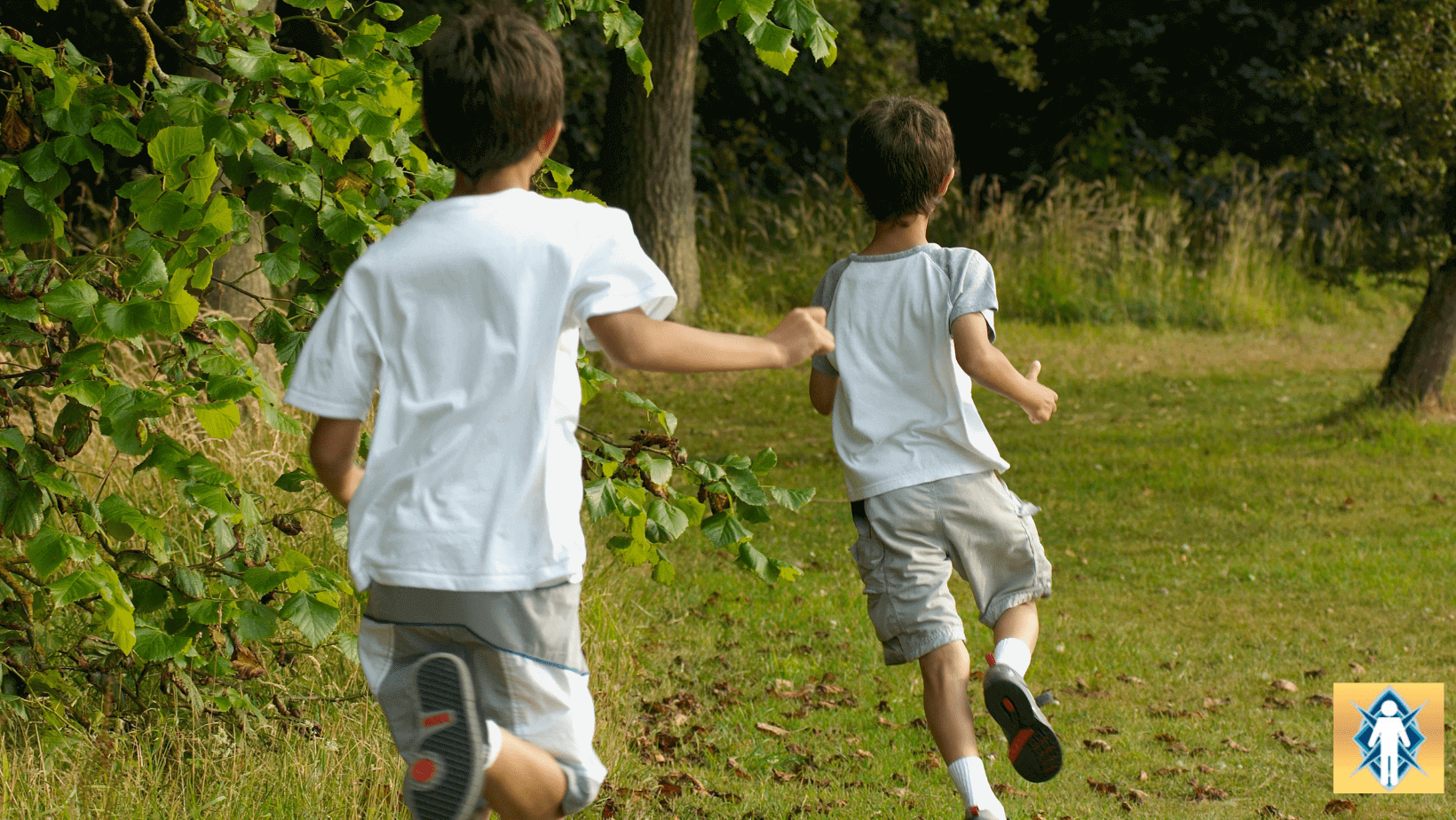 Children running in a grassy park area.