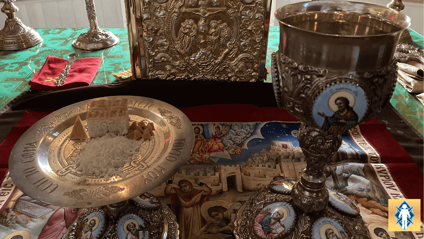 Orthodox altar with chalice and bread.