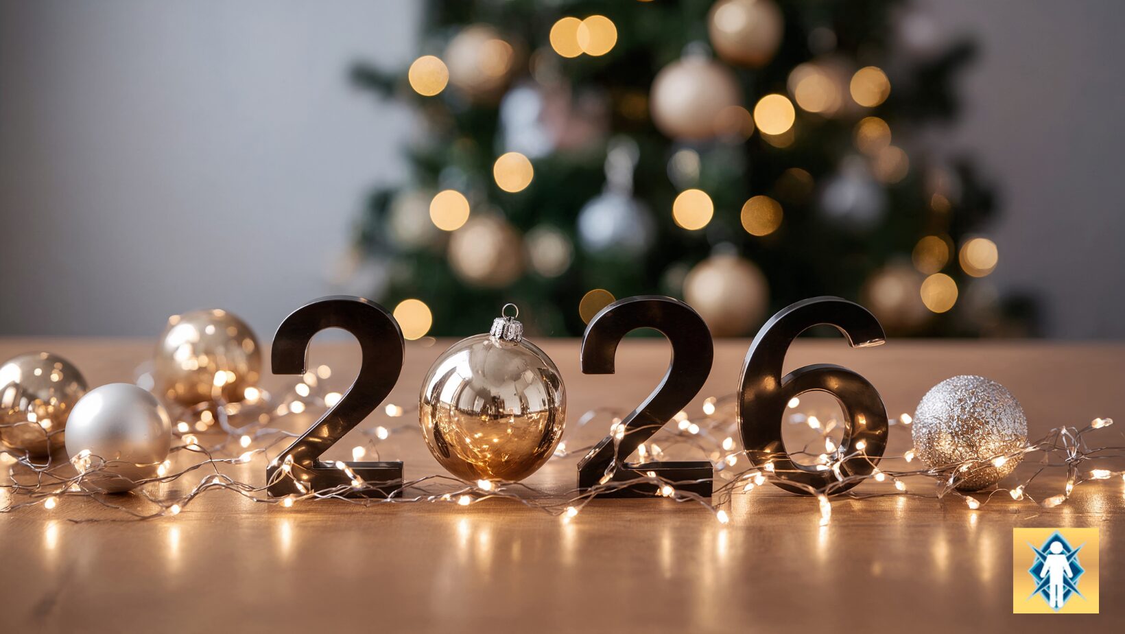 2026 New Year celebration with festive decorations and lights.
