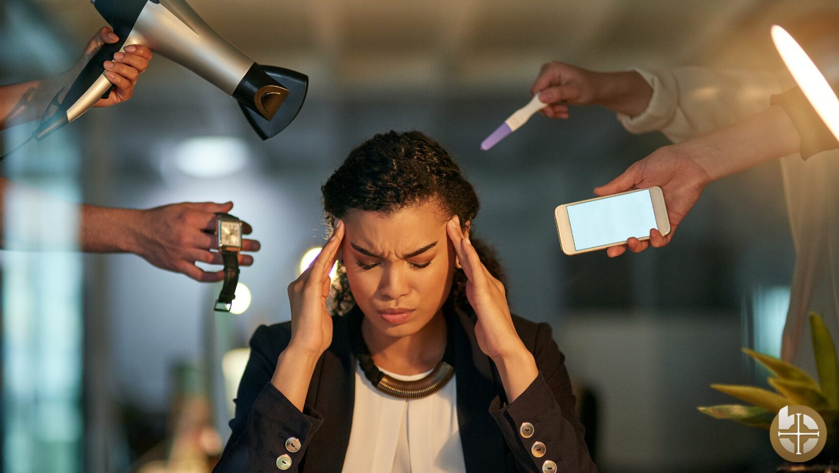Overwhelmed woman surrounded by distractions and noise.