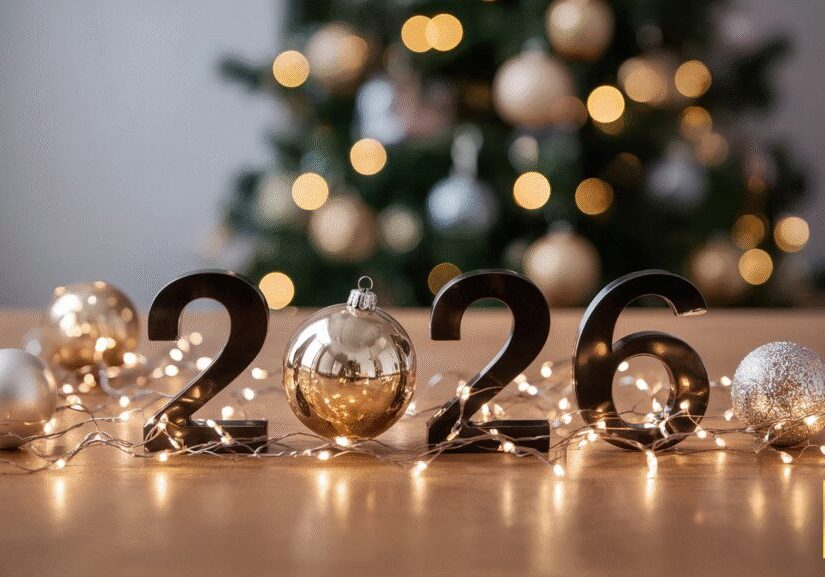 2026 New Year celebration with festive decorations and lights.