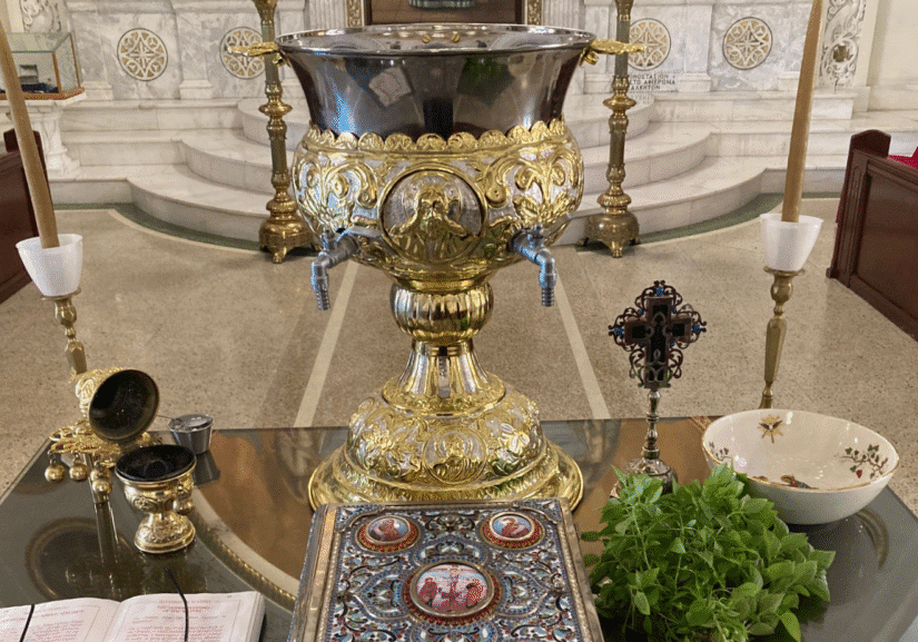 Religious altar items displayed on a table.