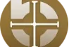 Brown circular logo with cross symbol design.