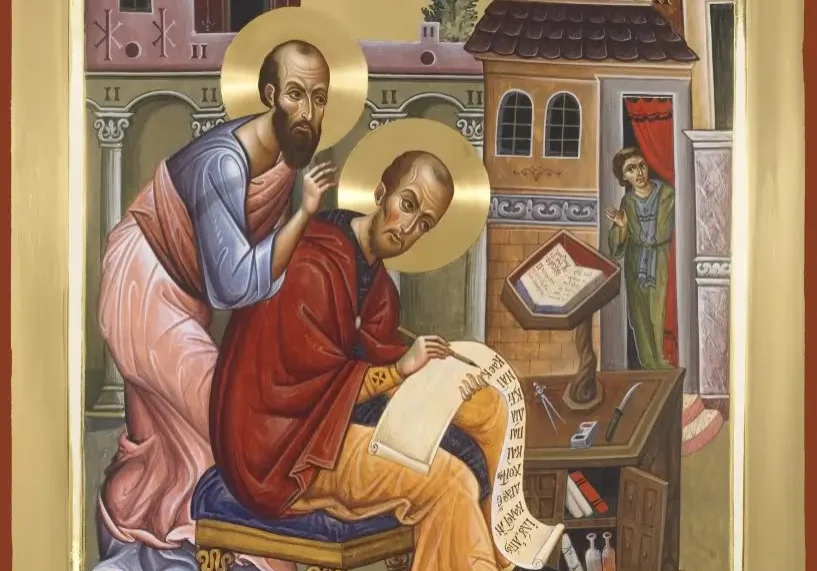 Religious painting of two saints writing.