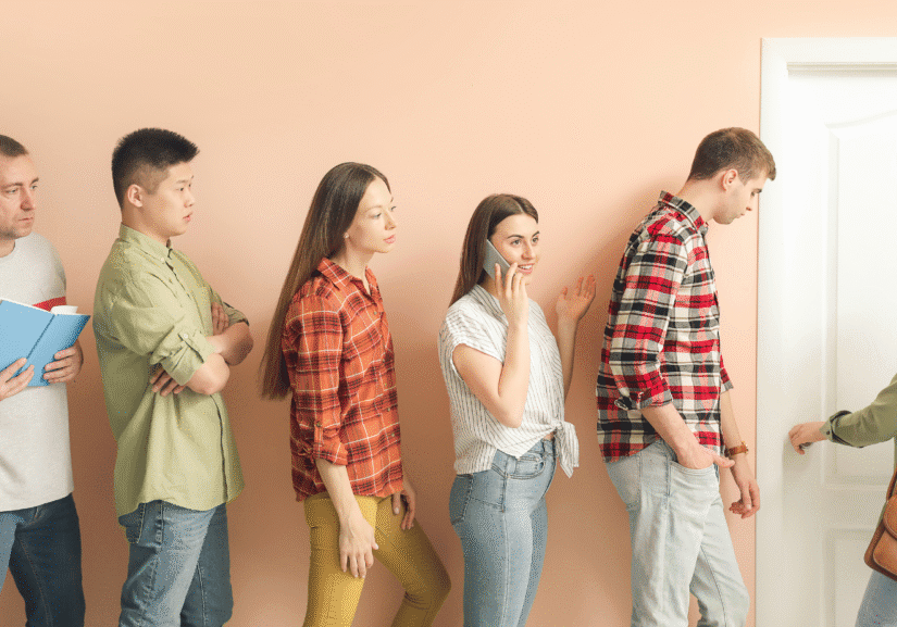 People standing in line at a door.